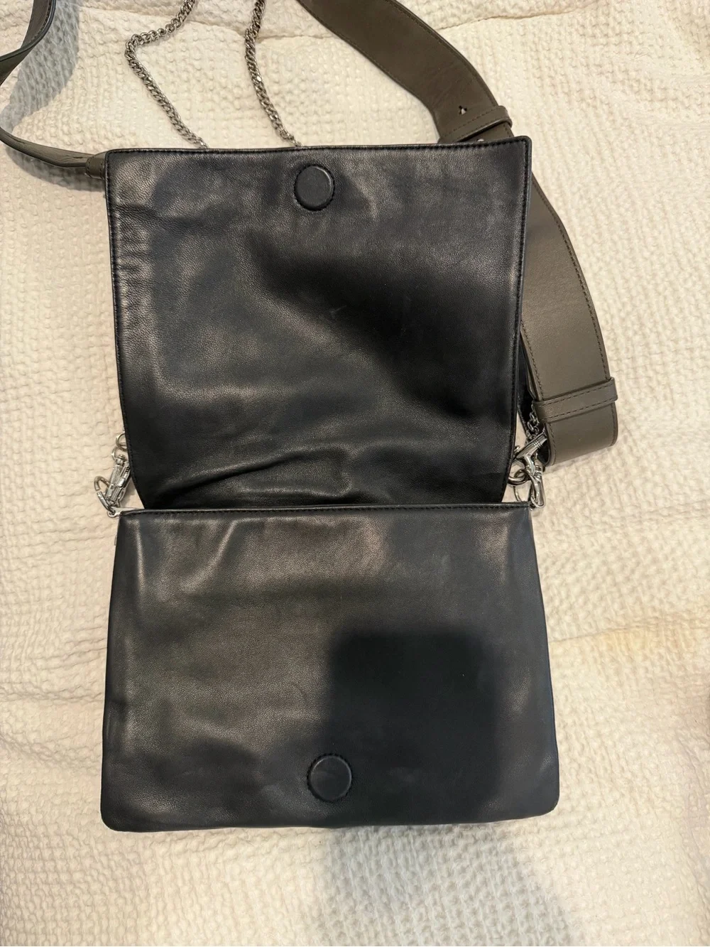 AllSaints Black Leather Flap Crossbody Bag | Wide Adjustable Strap - Picture 3 of 6